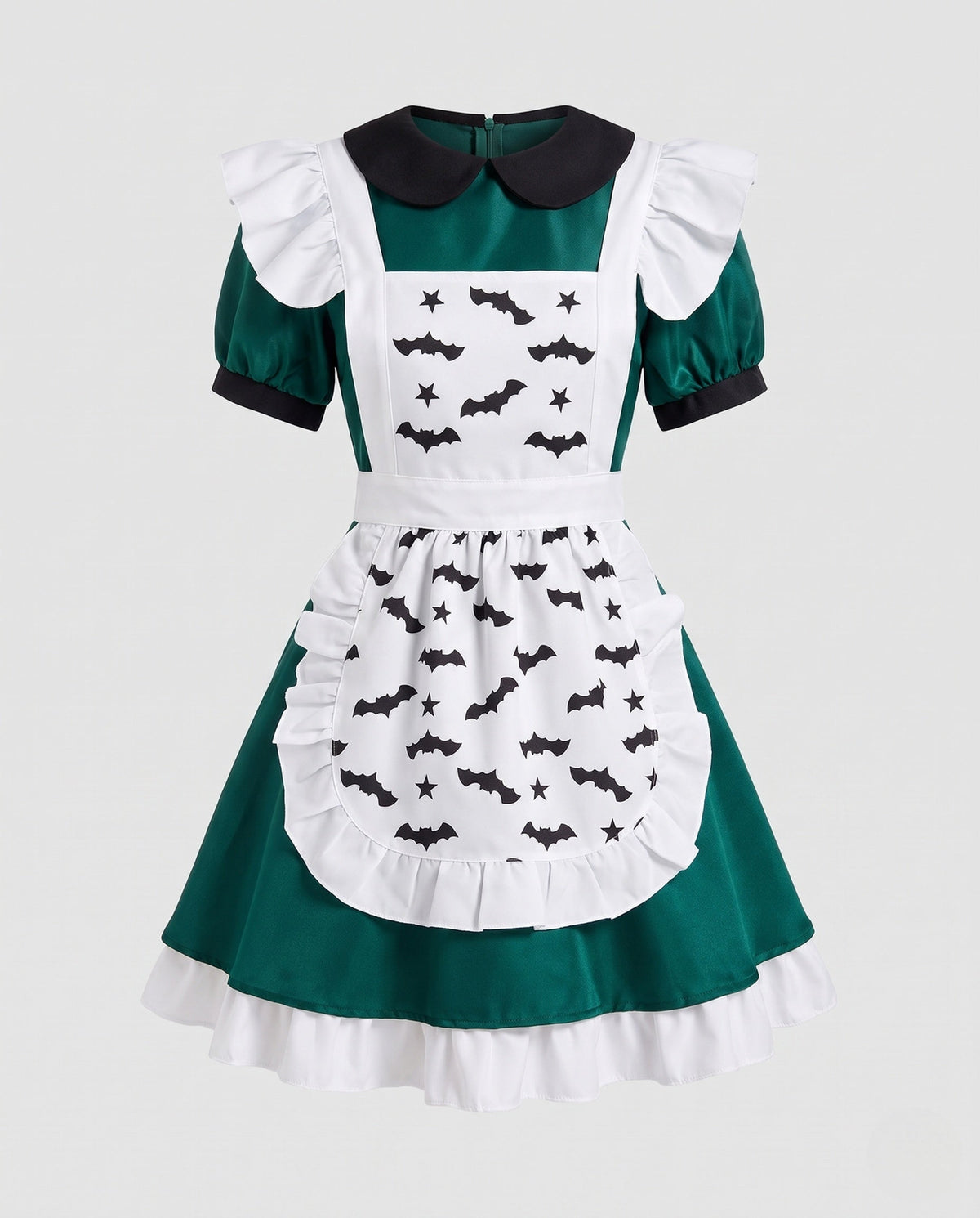 Women's green maid Halloween costume dress with black Peter Pan collar and white bat print ruffled apron - view 4