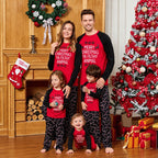 Matching Christmas pajamas for family, red slogan raglan top and black candy cane pajama pants