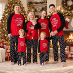 Matching Christmas pajamas for family, red slogan raglan top and black candy cane pajama pants - view 2