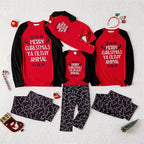 Matching Christmas pajamas for family, red slogan raglan top and black candy cane pajama pants - view 7