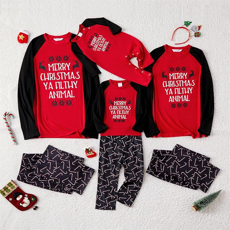 Matching Christmas pajamas for family, red slogan raglan top and black candy cane pajama pants - view 7