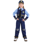 Girls navy police officer Halloween costume with badge vest, light blue shirt, tie and striped pants