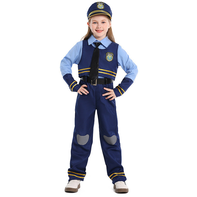 Girls navy police officer Halloween costume with badge vest, light blue shirt, tie and striped pants
