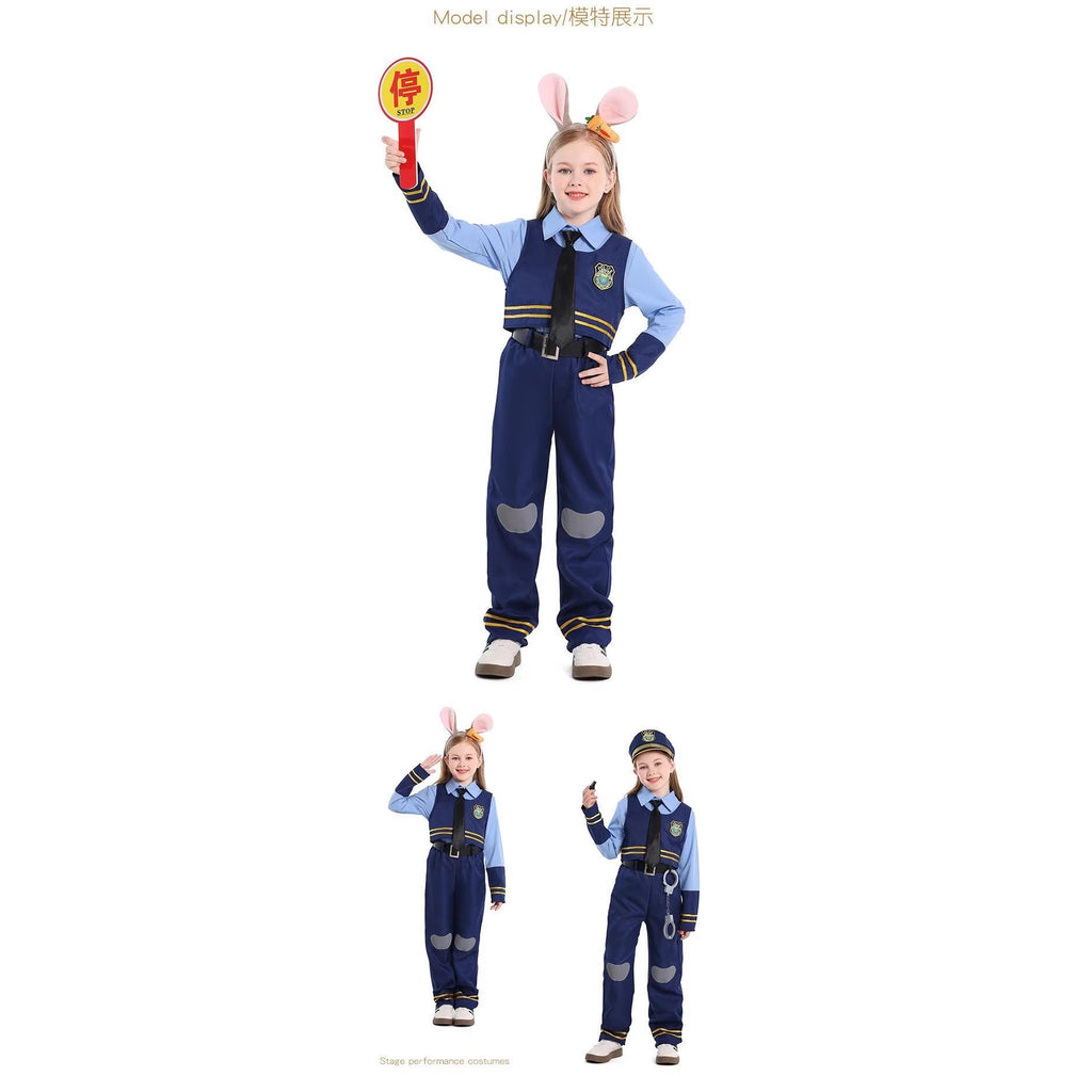 Girls navy police officer Halloween costume with badge vest, light blue shirt, tie and striped pants - view 3