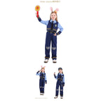 Girls navy police officer Halloween costume with badge vest, light blue shirt, tie and striped pants - view 3
