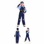 Girls navy police officer Halloween costume with badge vest, light blue shirt, tie and striped pants - view 4