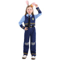 Girls navy police officer Halloween costume with badge vest, light blue shirt, tie and striped pants - view 6