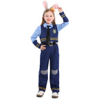 Girls navy police officer Halloween costume with badge vest, light blue shirt, tie and striped pants - view 6