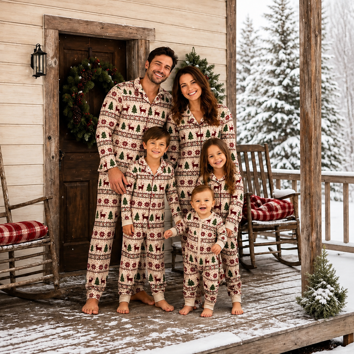 Cream reindeer Christmas pajama set worn by adults and kids on a snowy porch