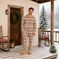 Cream reindeer Christmas pajama set worn by adults and kids on a snowy porch - view 2