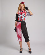 Women's clown Halloween costume with striped ruffle collar, red suspenders and half-striped bloomer pants