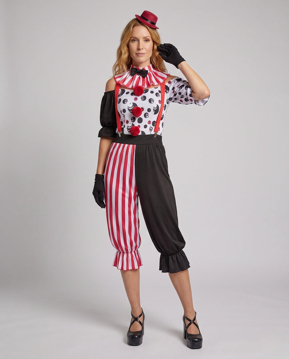 Women's clown Halloween costume with striped ruffle collar, red suspenders and half-striped bloomer pants