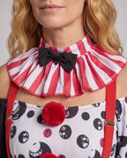 Women's clown Halloween costume with striped ruffle collar, red suspenders and half-striped bloomer pants - view 2