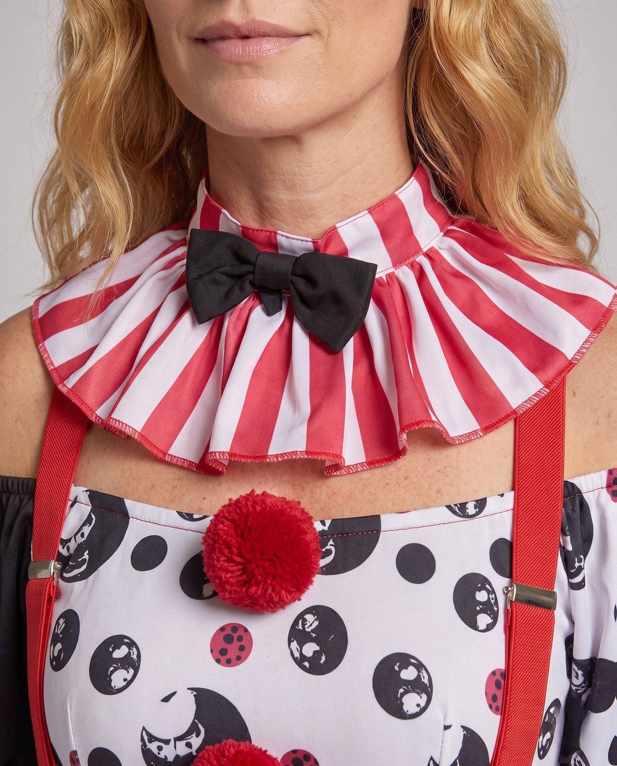 Women's clown Halloween costume with striped ruffle collar, red suspenders and half-striped bloomer pants - view 2
