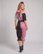 Women's clown Halloween costume with striped ruffle collar, red suspenders and half-striped bloomer pants - view 3