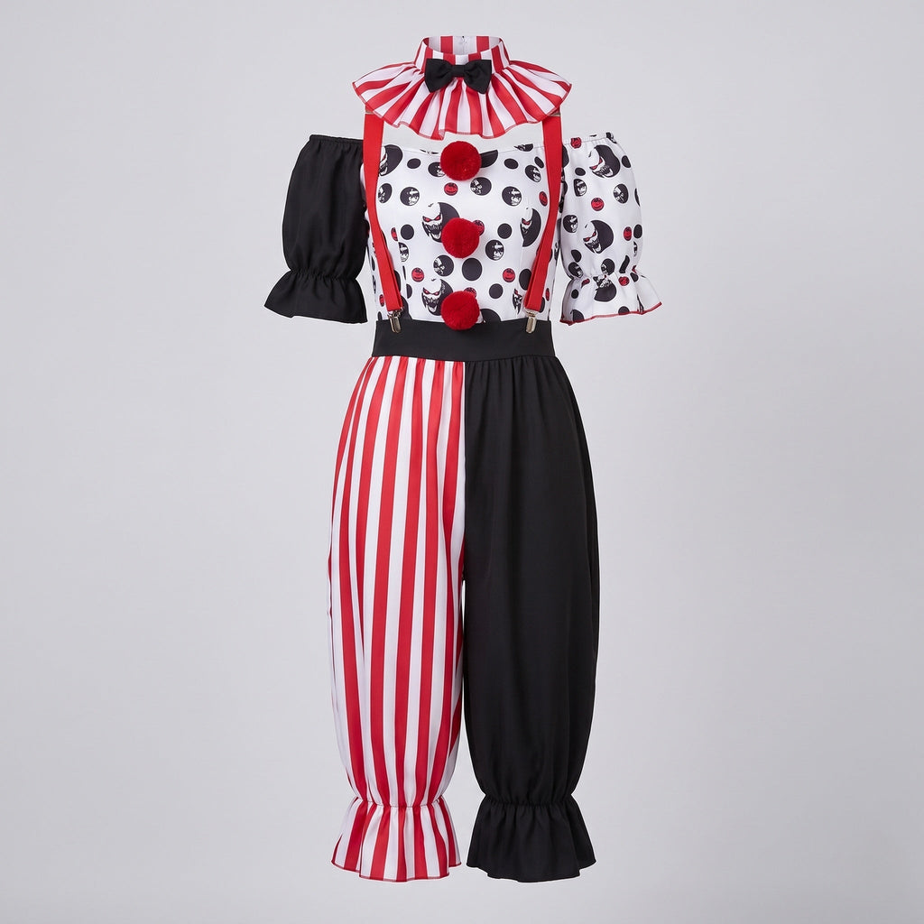 Women's clown Halloween costume with striped ruffle collar, red suspenders and half-striped bloomer pants - view 4