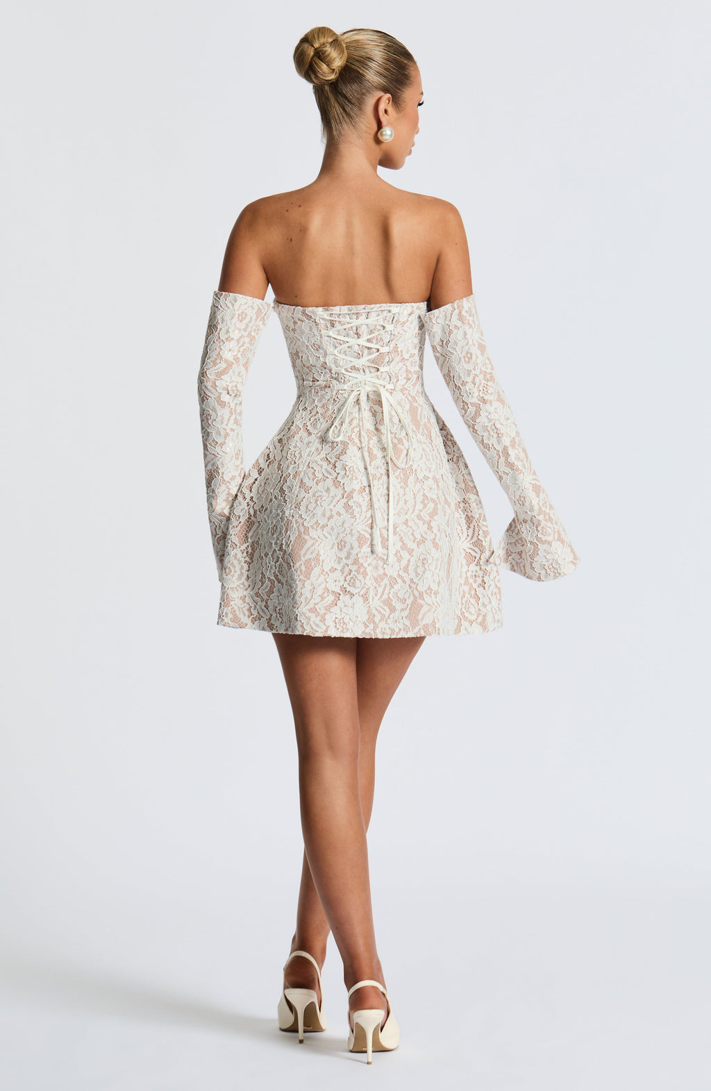 White floral lace strapless mini dress with nude underlay, flared skirt and long lace arm sleeves - view 3