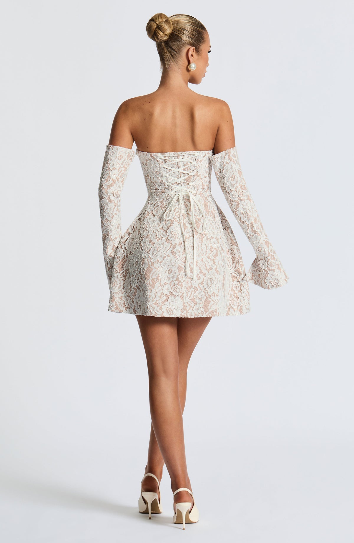 White floral lace strapless mini dress with nude underlay, flared skirt and long lace arm sleeves - view 3
