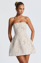 White floral lace strapless mini dress with nude underlay, flared skirt and long lace arm sleeves - view 4