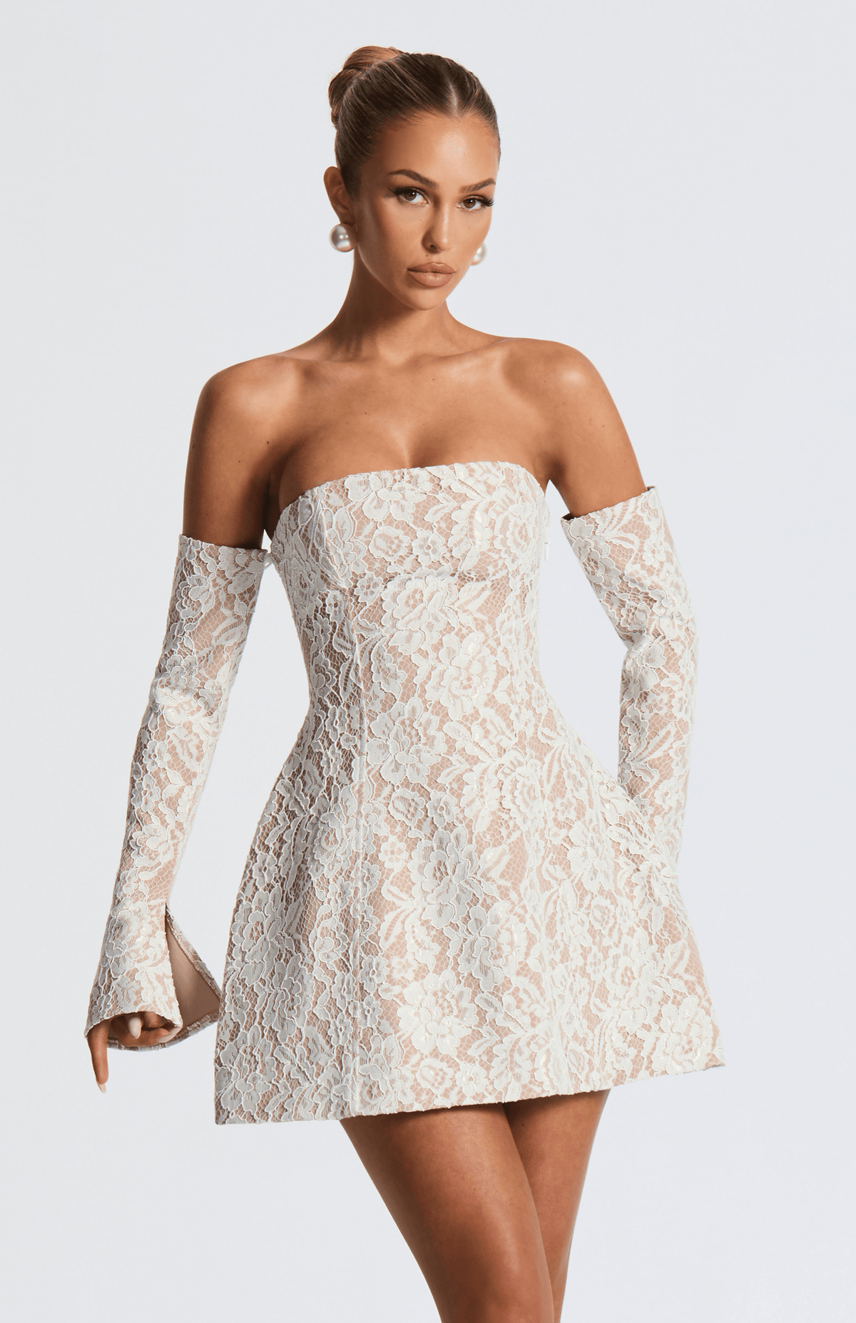 White floral lace strapless mini dress with nude underlay, flared skirt and long lace arm sleeves - view 5