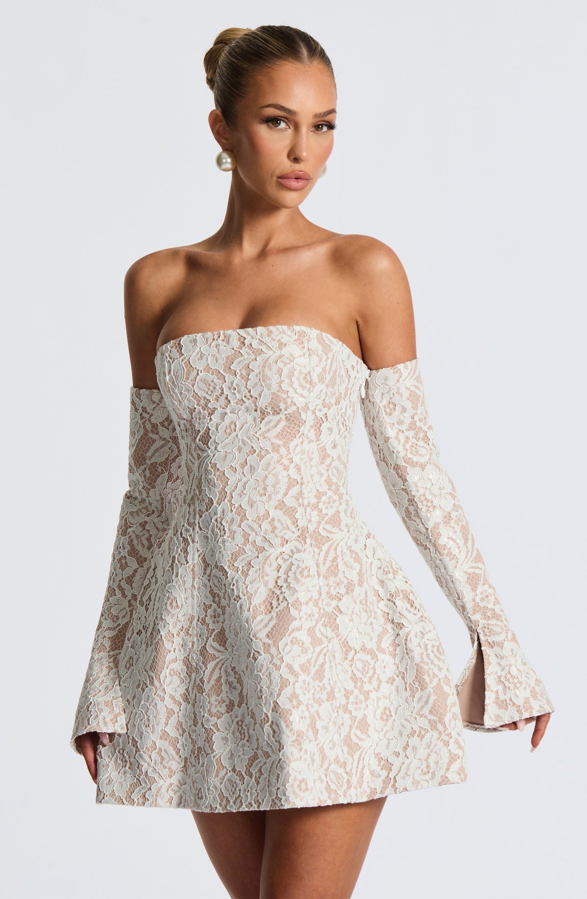 White floral lace strapless mini dress with nude underlay, flared skirt and long lace arm sleeves - view 6