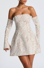 White floral lace strapless mini dress with nude underlay, flared skirt and long lace arm sleeves - view 7