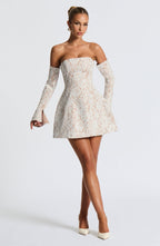 White floral lace strapless mini dress with nude underlay, flared skirt and long lace arm sleeves - view 8