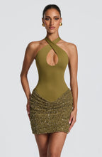 Halter keyhole sequin homecoming mini dress with draped mesh skirt