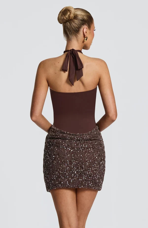 Halter keyhole sequin homecoming mini dress with draped mesh skirt - view 11