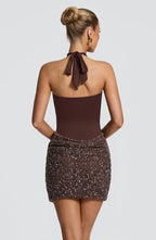 Halter keyhole sequin homecoming mini dress with draped mesh skirt - view 11