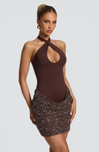 Halter keyhole sequin homecoming mini dress with draped mesh skirt - view 12