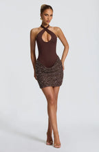 Halter keyhole sequin homecoming mini dress with draped mesh skirt - view 13