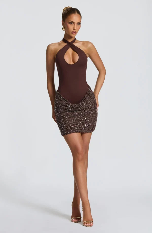Halter keyhole sequin homecoming mini dress with draped mesh skirt - view 13