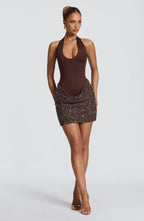 Halter keyhole sequin homecoming mini dress with draped mesh skirt - view 14