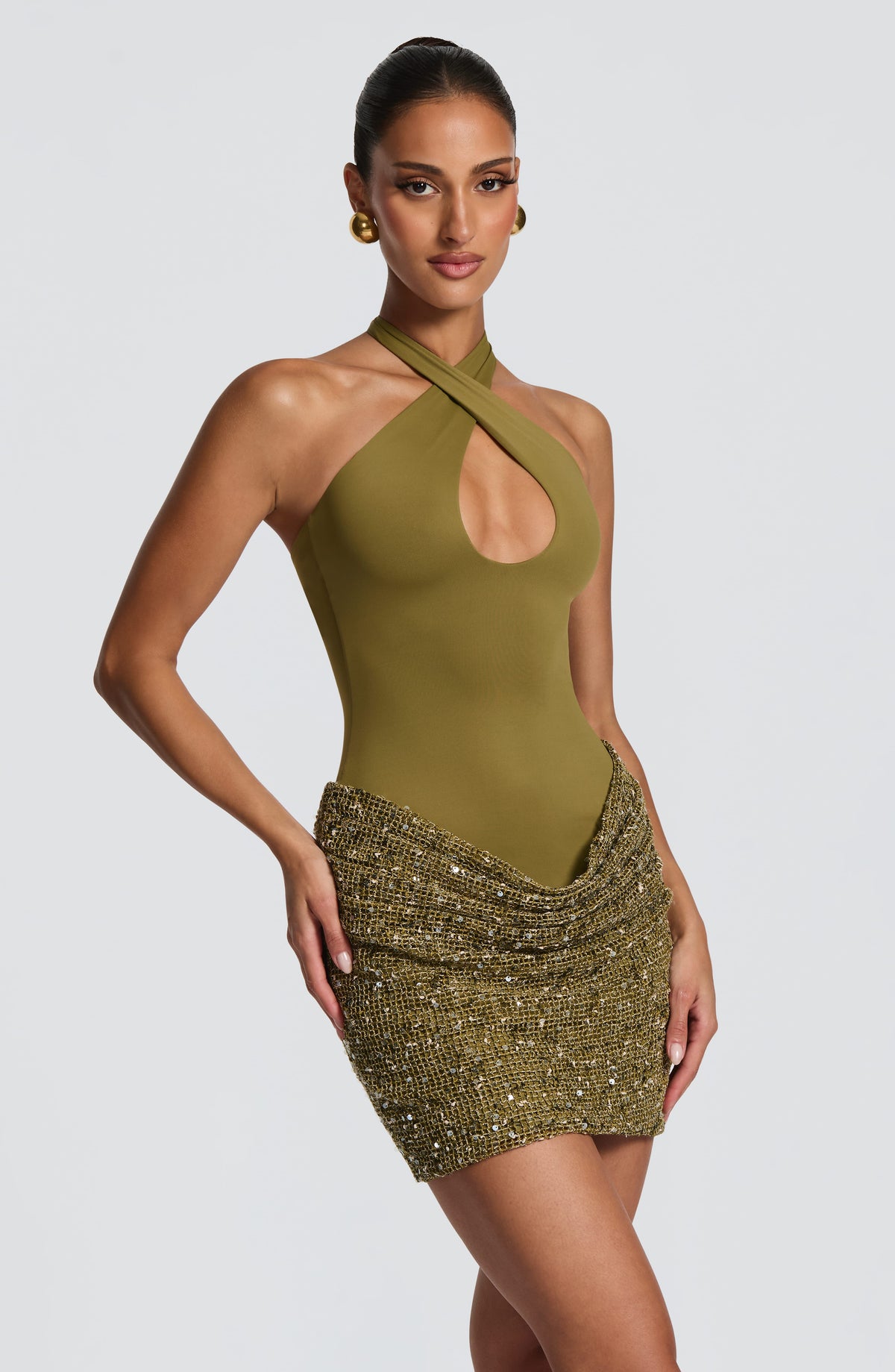 Halter keyhole sequin homecoming mini dress with draped mesh skirt - view 3