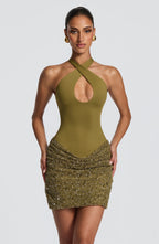 Halter keyhole sequin homecoming mini dress with draped mesh skirt - view 7