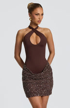 Halter keyhole sequin homecoming mini dress with draped mesh skirt - view 9