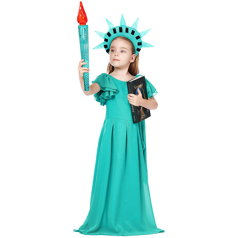 Girl wearing a green Statue of Liberty costume maxi dress with flutter sleeves and draped sash - view 3