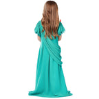 Girl wearing a green Statue of Liberty costume maxi dress with flutter sleeves and draped sash - view 4