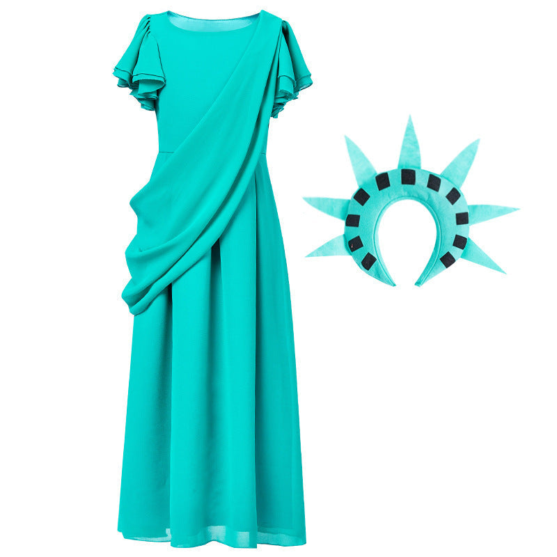 Girl wearing a green Statue of Liberty costume maxi dress with flutter sleeves and draped sash - view 5