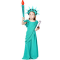 Girl wearing a green Statue of Liberty costume maxi dress with flutter sleeves and draped sash - view 6