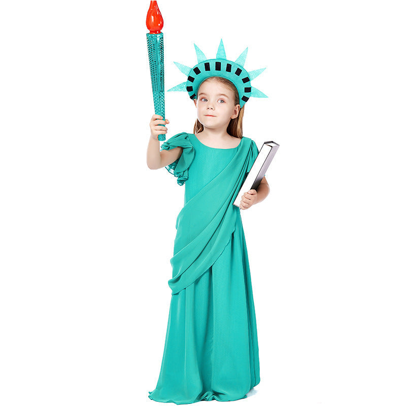 Girl wearing a green Statue of Liberty costume maxi dress with flutter sleeves and draped sash - view 6