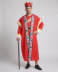Men's red King of Hearts Halloween costume robe with playing-card suit trim and crown