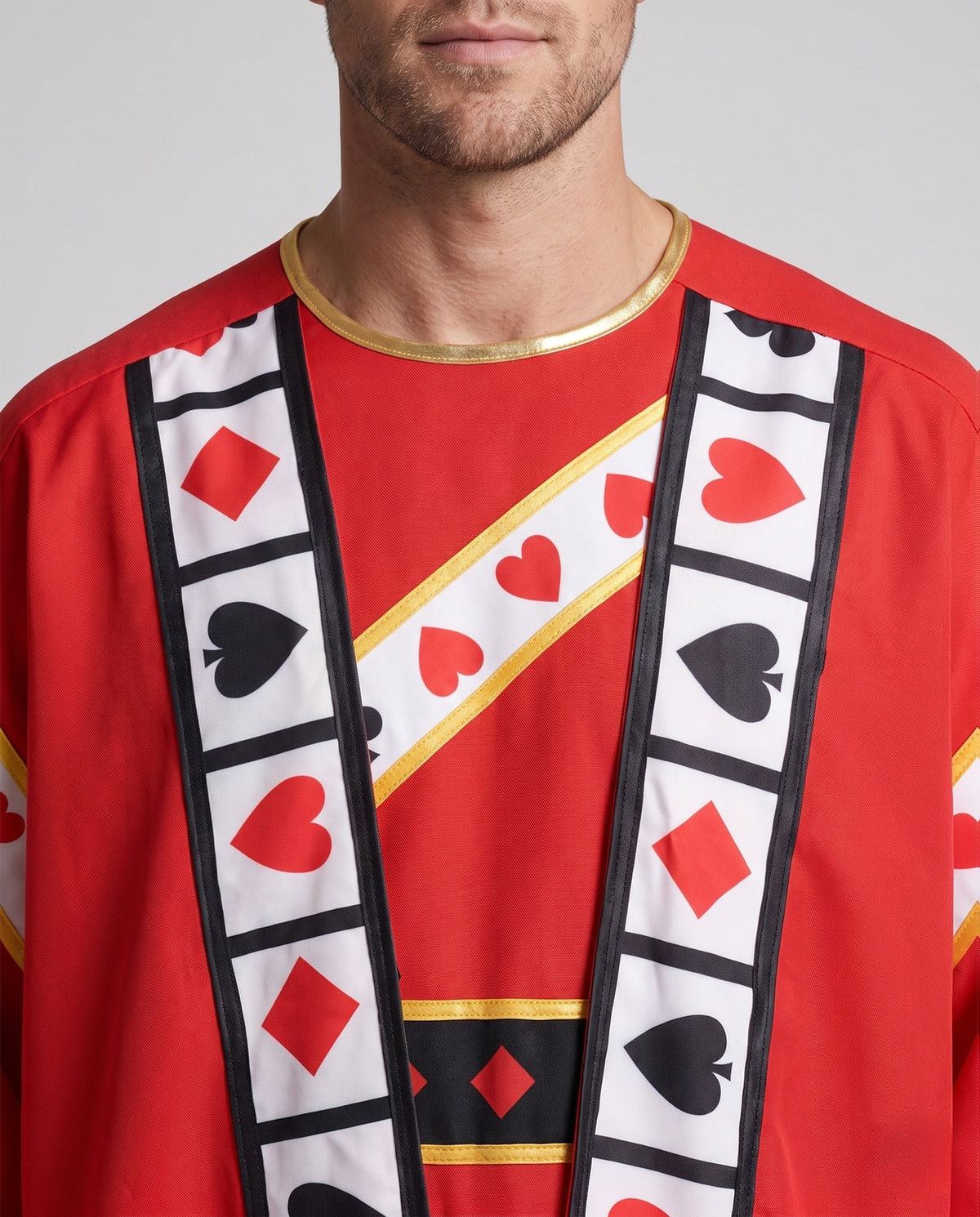 Men's red King of Hearts Halloween costume robe with playing-card suit trim and crown - view 2