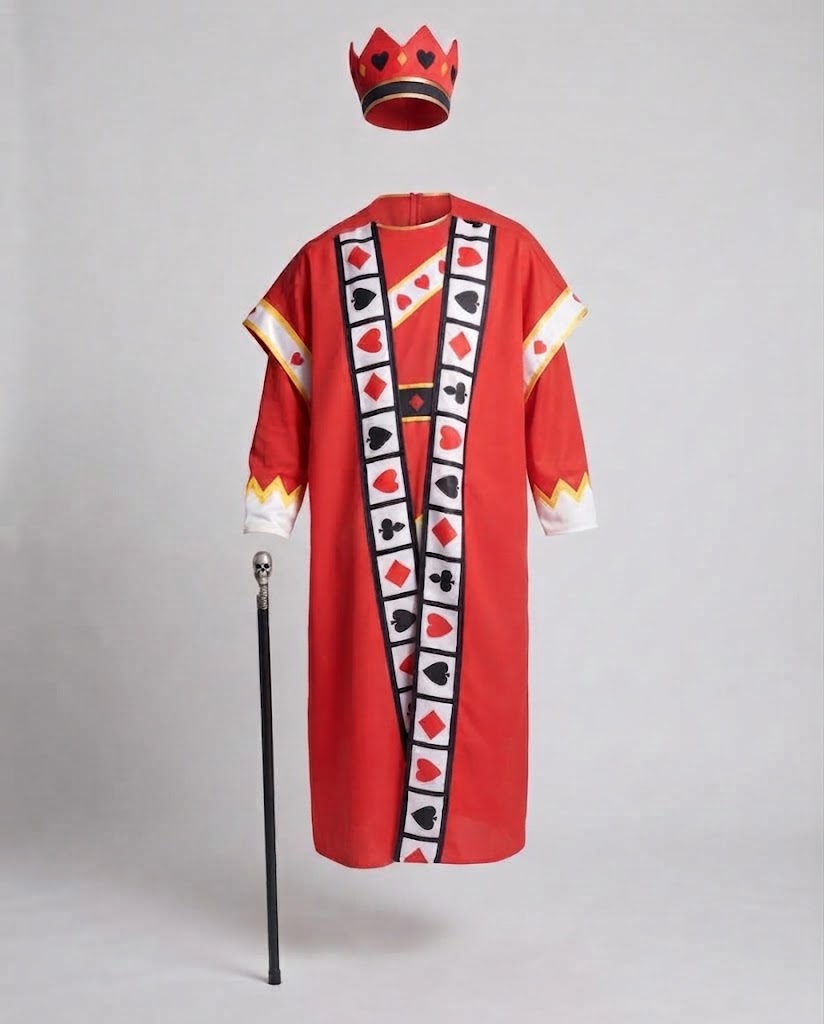 Men's red King of Hearts Halloween costume robe with playing-card suit trim and crown - view 4