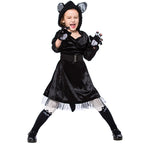 Girls black cat Halloween costume with eared hood, velvet dress, belt, tulle hem and paw gloves