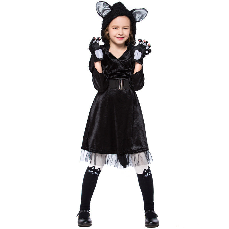 Girls black cat Halloween costume with eared hood, velvet dress, belt, tulle hem and paw gloves - view 2