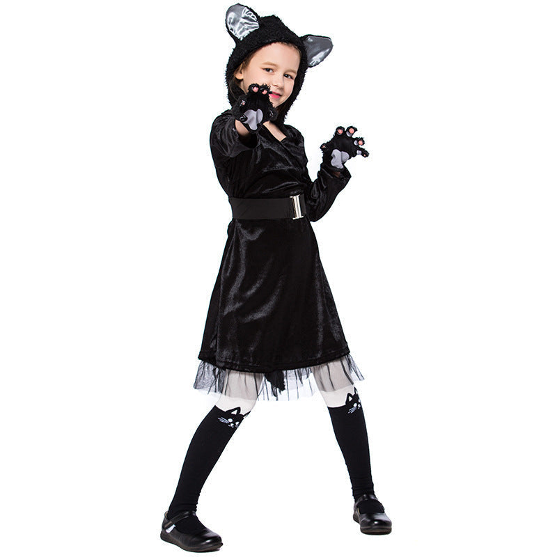 Girls black cat Halloween costume with eared hood, velvet dress, belt, tulle hem and paw gloves - view 3
