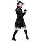Girls black cat Halloween costume with eared hood, velvet dress, belt, tulle hem and paw gloves - view 3