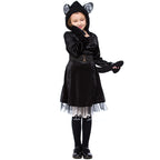 Girls black cat Halloween costume with eared hood, velvet dress, belt, tulle hem and paw gloves - view 4
